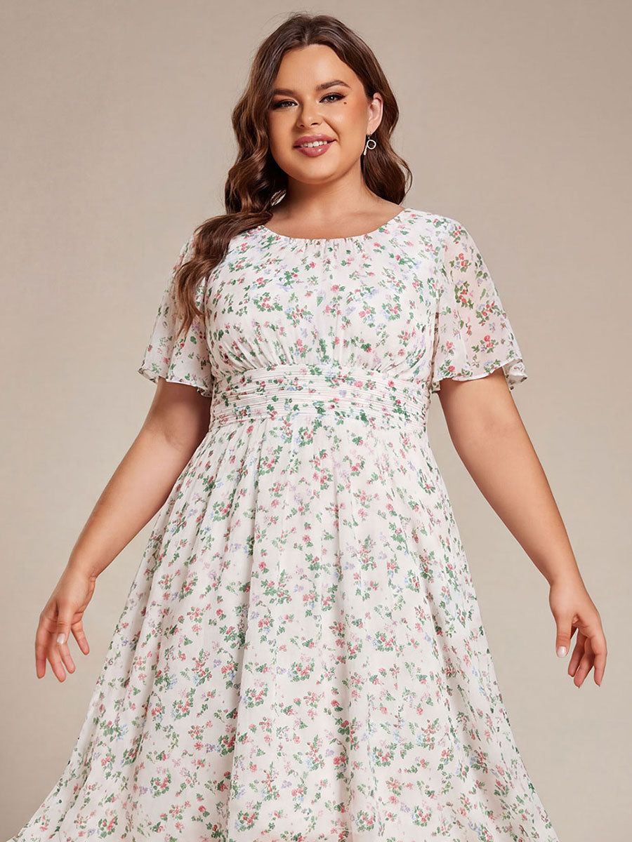 Chic A-Line Pleated Knee-Length Flowy Chiffon Wedding Guest Dress #color_White Floral