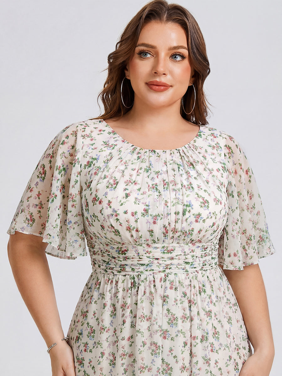 Plus Size Pleated Round Neckline A-Line Midi Chiffon Wedding Guest Dress #color_White Floral
