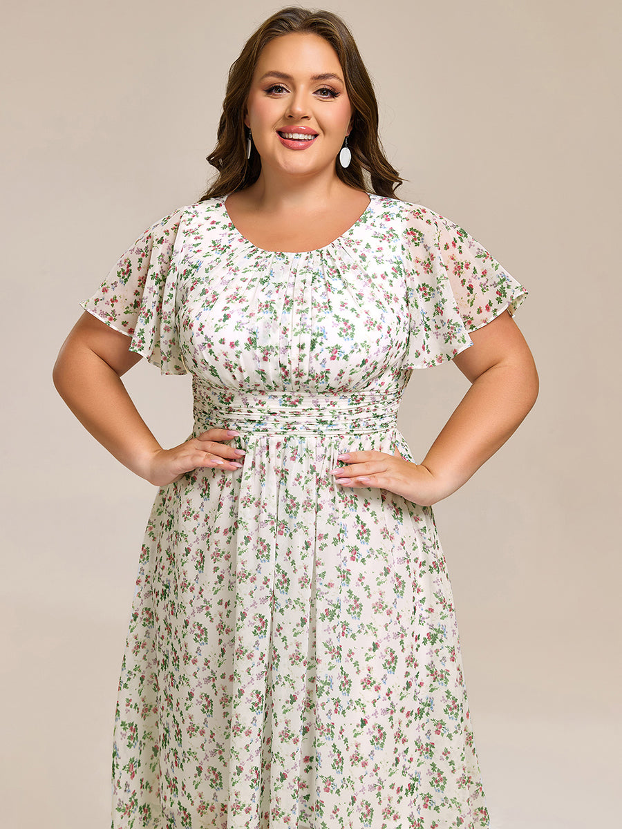 Flowy Chiffon Round Neckline A-Line Knee Length Bridesmaid Dress #color_White Floral