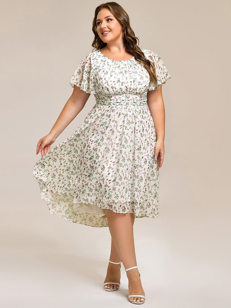 Flowy Chiffon Round Neckline A-Line Knee Length Bridesmaid Dress #color_White Floral