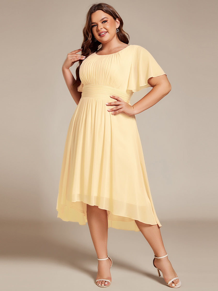 Plus Size Pleated Round Neckline A-Line Midi Chiffon Wedding Guest Dress #color_Yellow