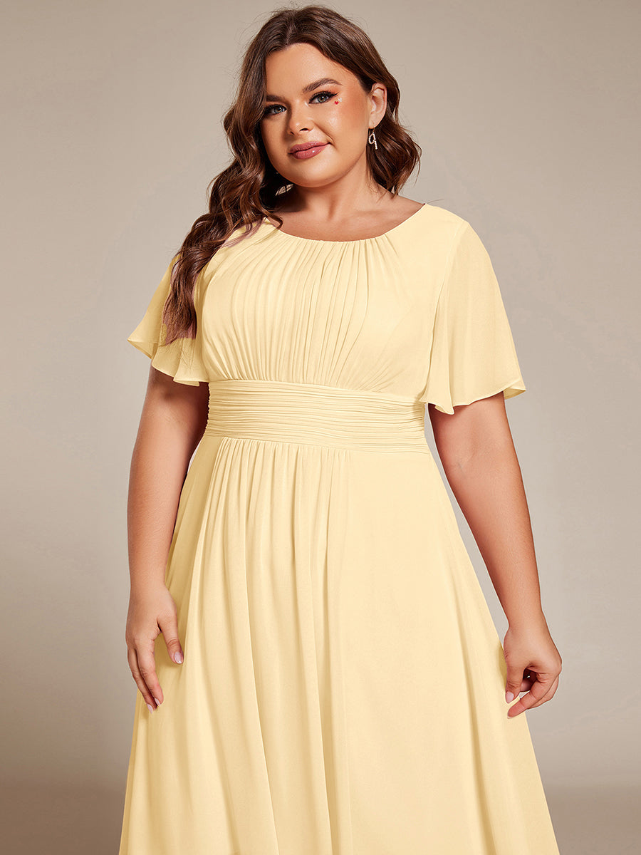 Plus Size Pleated Round Neckline A-Line Midi Chiffon Wedding Guest Dress #color_Yellow
