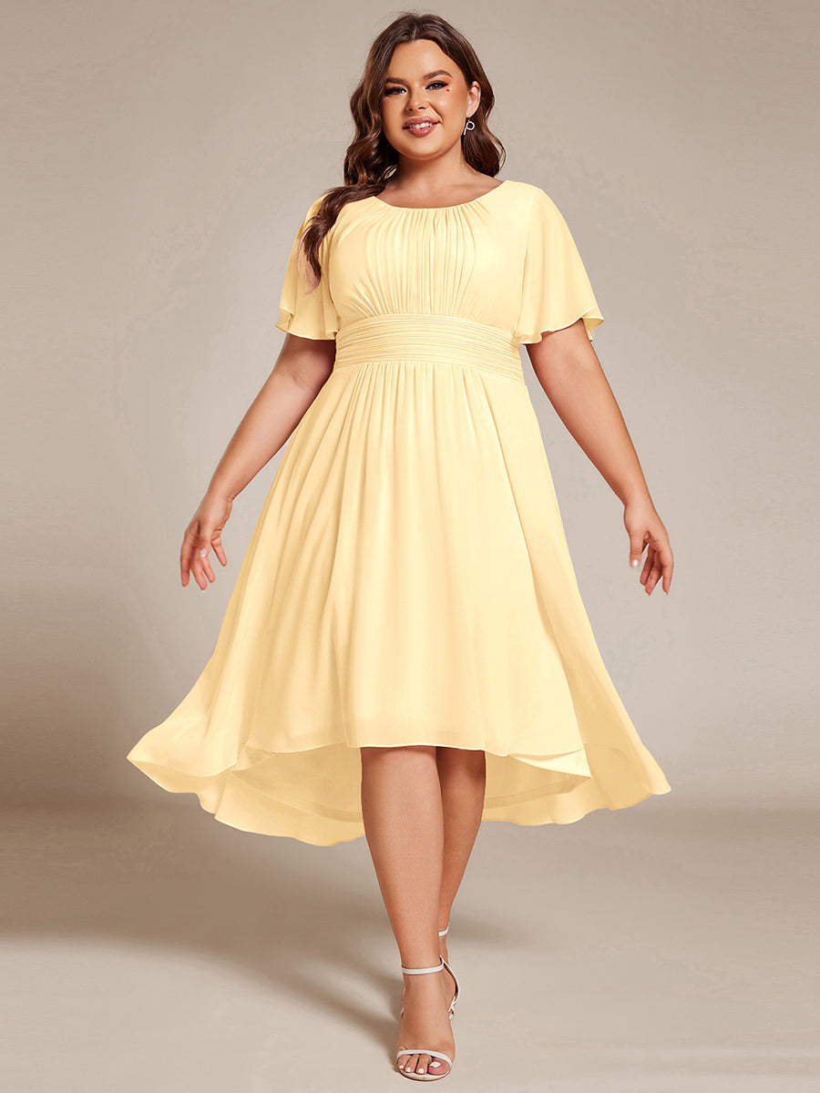 Plus Size Pleated Round Neckline A-Line Midi Chiffon Wedding Guest Dress #color_Yellow