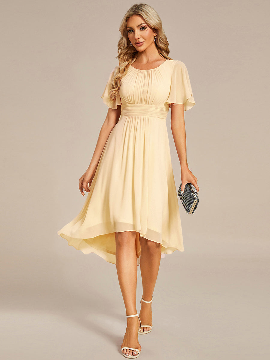 Flowy Chiffon Round Neckline A-Line Knee Length Wedding Guest Dress #color_Yellow