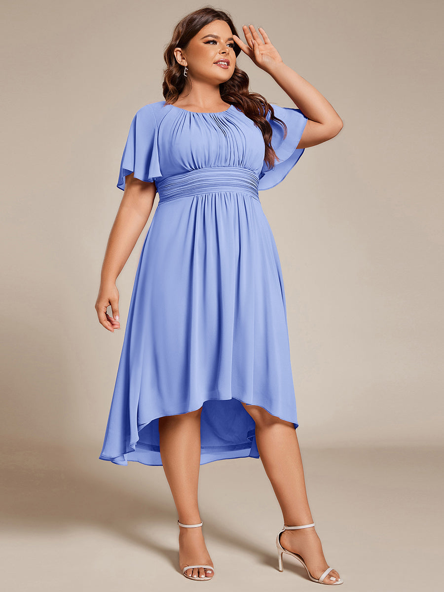 Flowy Chiffon Round Neckline A-Line Knee Length Wedding Guest Dress #color_CornflowerBlue