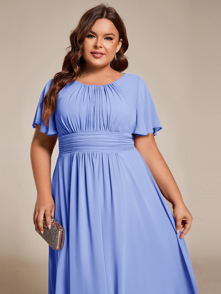 Flowy Chiffon Round Neckline A-Line Knee Length Wedding Guest Dress #color_CornflowerBlue