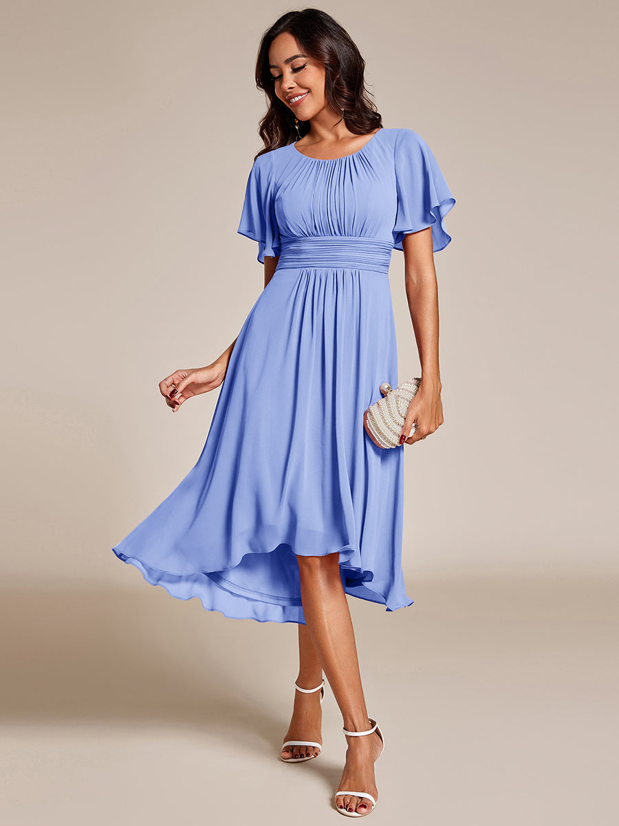 Flowy Chiffon Round Neckline A-Line Knee Length Wedding Guest Dress #color_CornflowerBlue
