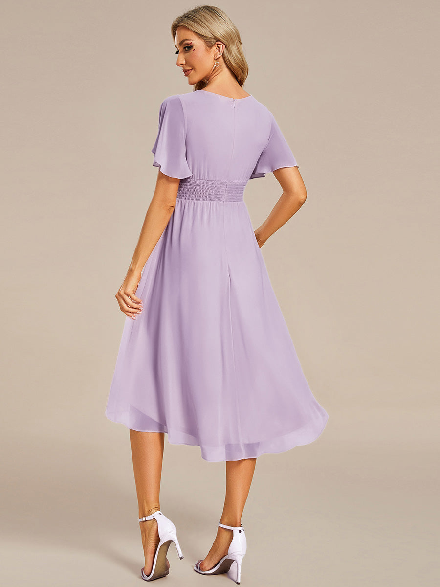 Flowy Chiffon Round Neckline A-Line Knee Length Wedding Guest Dress #color_Frosted Lilac