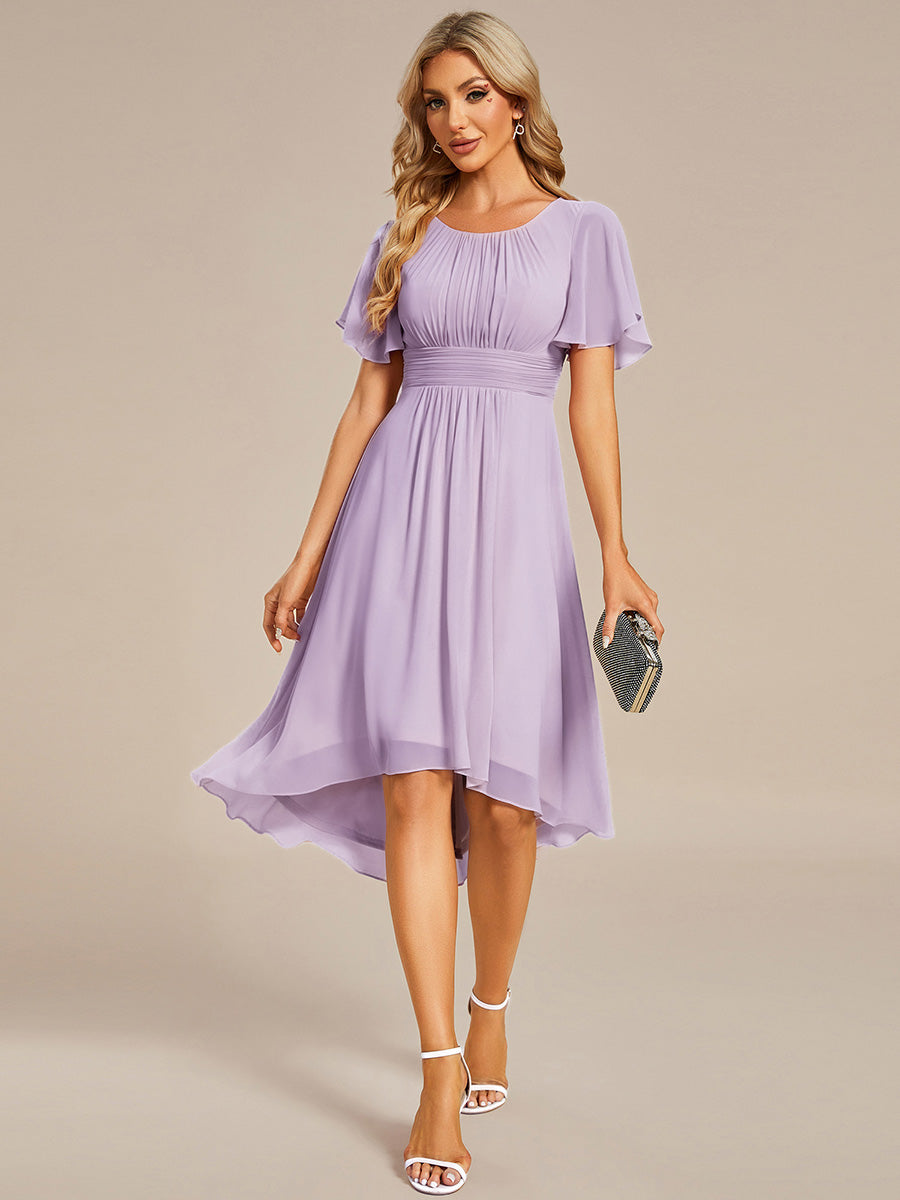 Flowy Chiffon Round Neckline A-Line Knee Length Wedding Guest Dress #color_Frosted Lilac