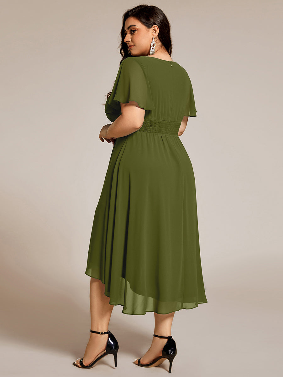 Plus Size Pleated Round Neckline A-Line Midi Chiffon Wedding Guest Dress #color_Olive Green