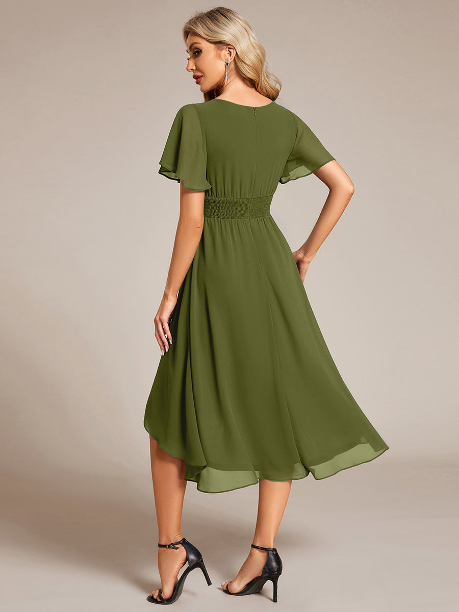 Flowy Chiffon Round Neckline A-Line Knee Length Wedding Guest Dress #color_Olive Green