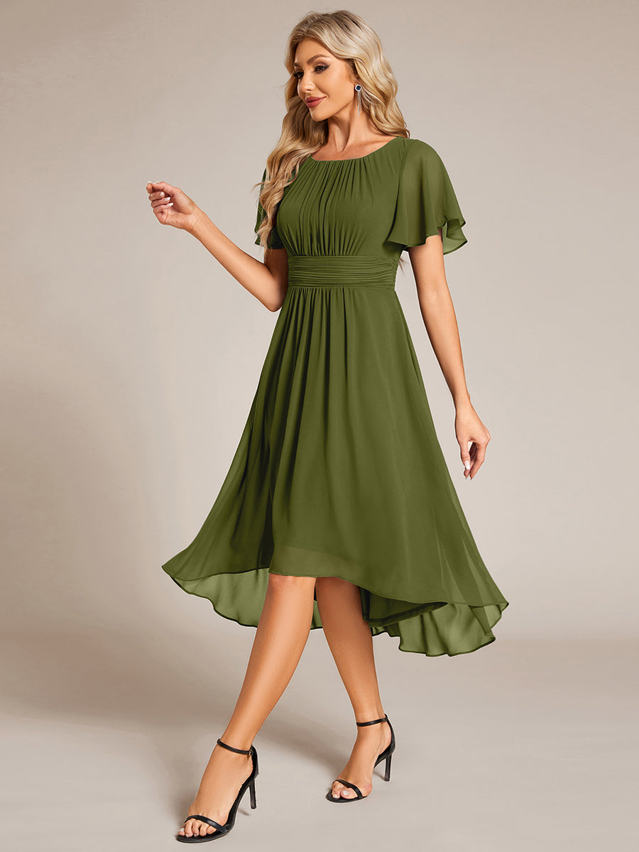 Flowy Chiffon Round Neckline A-Line Knee Length Wedding Guest Dress #color_Olive Green