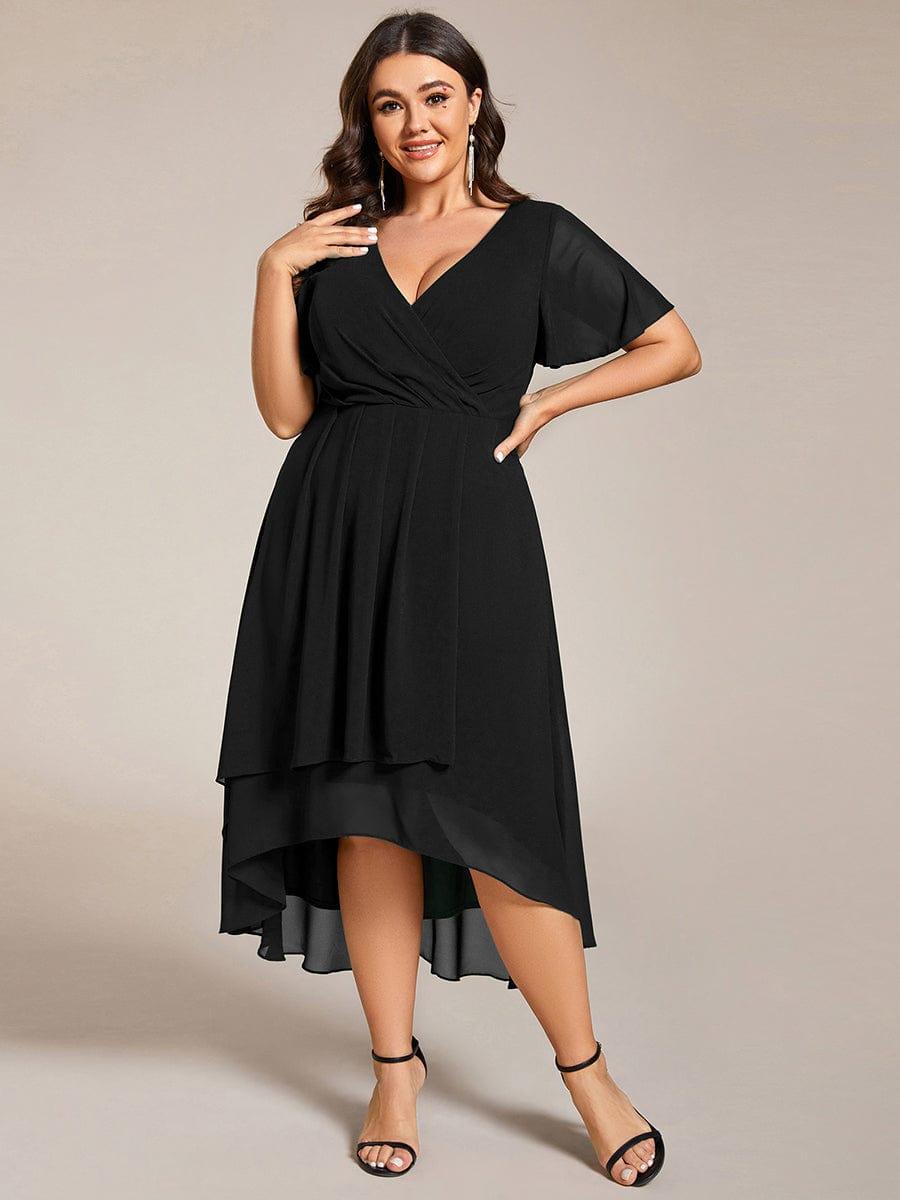 Plus Size Chiffon Short Sleeves Pleated V-Neck A-Line Midi Wedding Guest Dress #color_Black