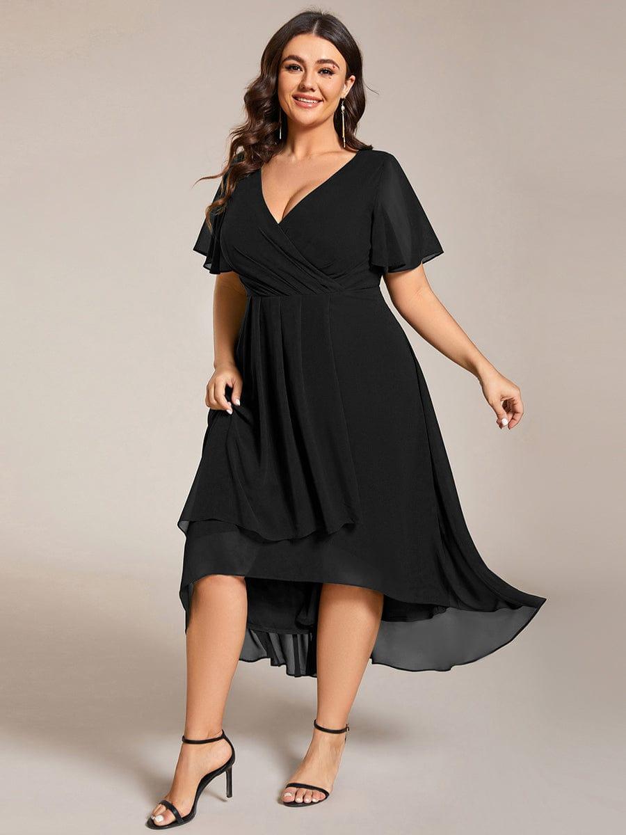 Plus Size Chiffon Short Sleeves Pleated V-Neck A-Line Midi Wedding Guest Dress #color_Black