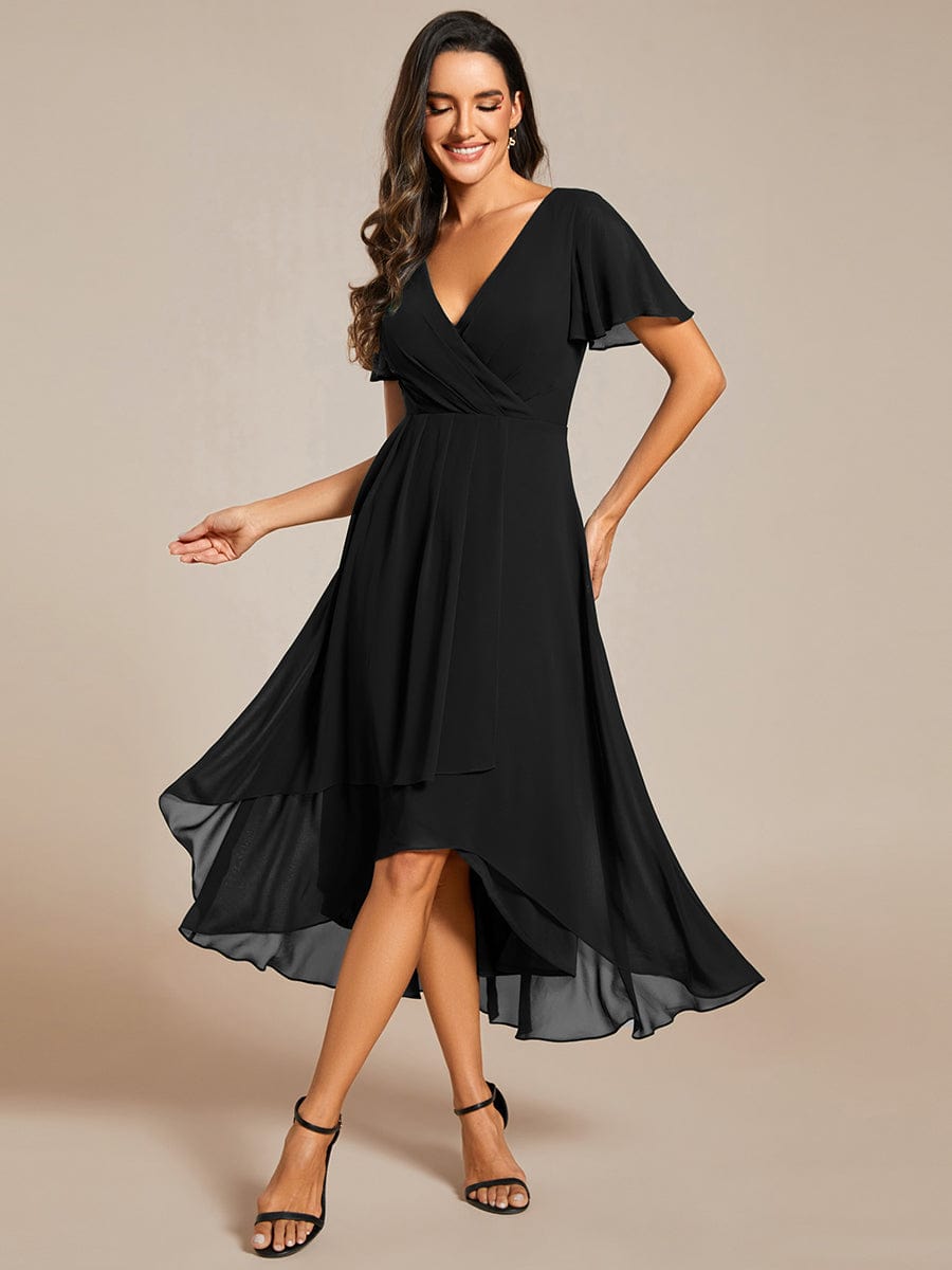 Ruffles Sleeve Pleated V-Neck A-Line Midi Chiffon Wedding Guest Dress #color_Black