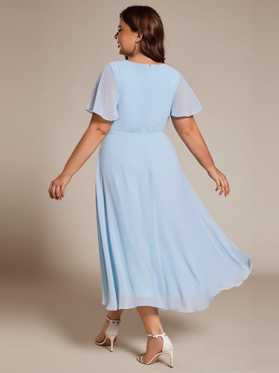 Plus Size Chiffon Short Sleeves Pleated V-Neck A-Line Midi Wedding Guest Dress #color_Sky Blue