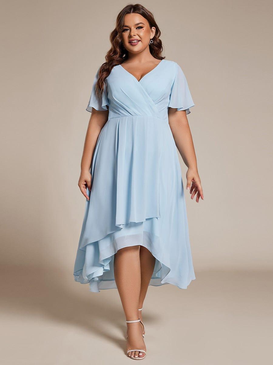 Ruffles Sleeve Pleated V-Neck A-Line Midi Chiffon Wedding Guest Dress #color_Sky Blue