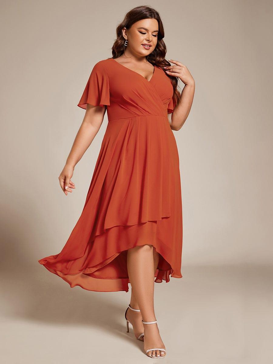 Plus Size Chiffon Short Sleeves Pleated V-Neck A-Line Midi Wedding Guest Dress #color_Burnt Orange