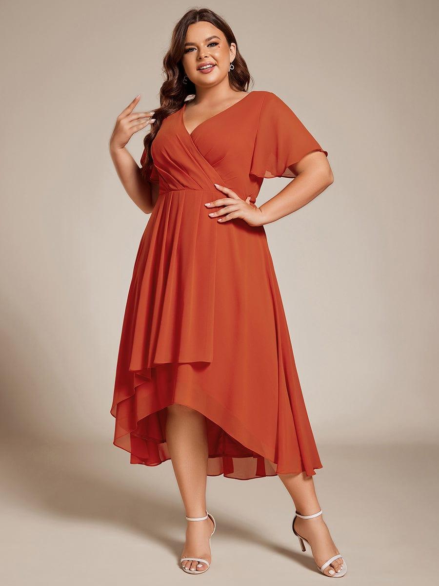 Plus Size Chiffon Short Sleeves Pleated V-Neck A-Line Midi Wedding Guest Dress #color_Burnt Orange
