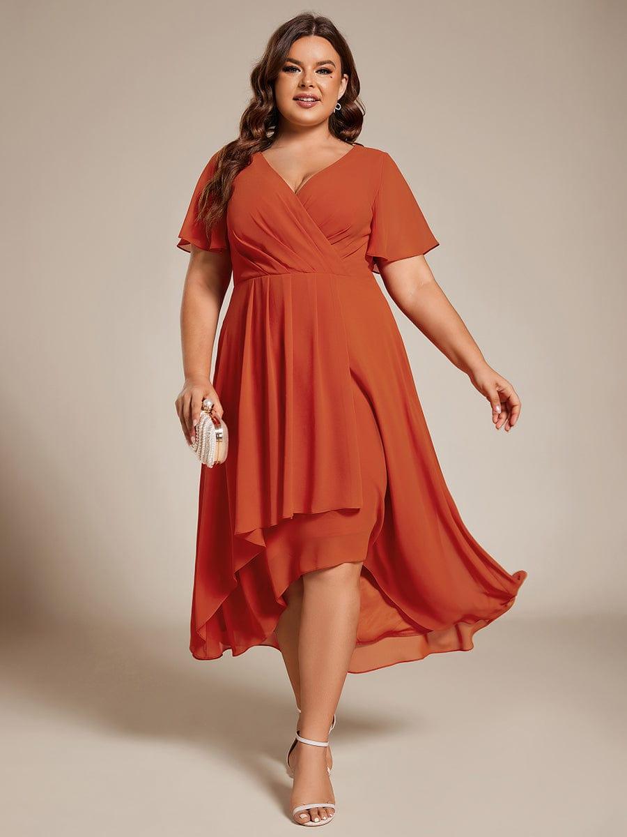 Plus Size Chiffon Short Sleeves Pleated V-Neck A-Line Midi Wedding Guest Dress #color_Burnt Orange