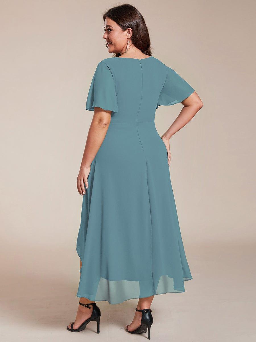 Ruffles Sleeve Pleated V-Neck A-Line Midi Chiffon Wedding Guest Dress #color_Light Teal