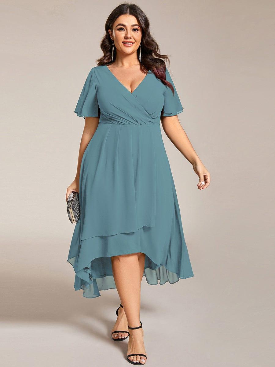 Plus Size Chiffon Short Sleeves Pleated V-Neck A-Line Midi Wedding Guest Dress #color_Light Teal