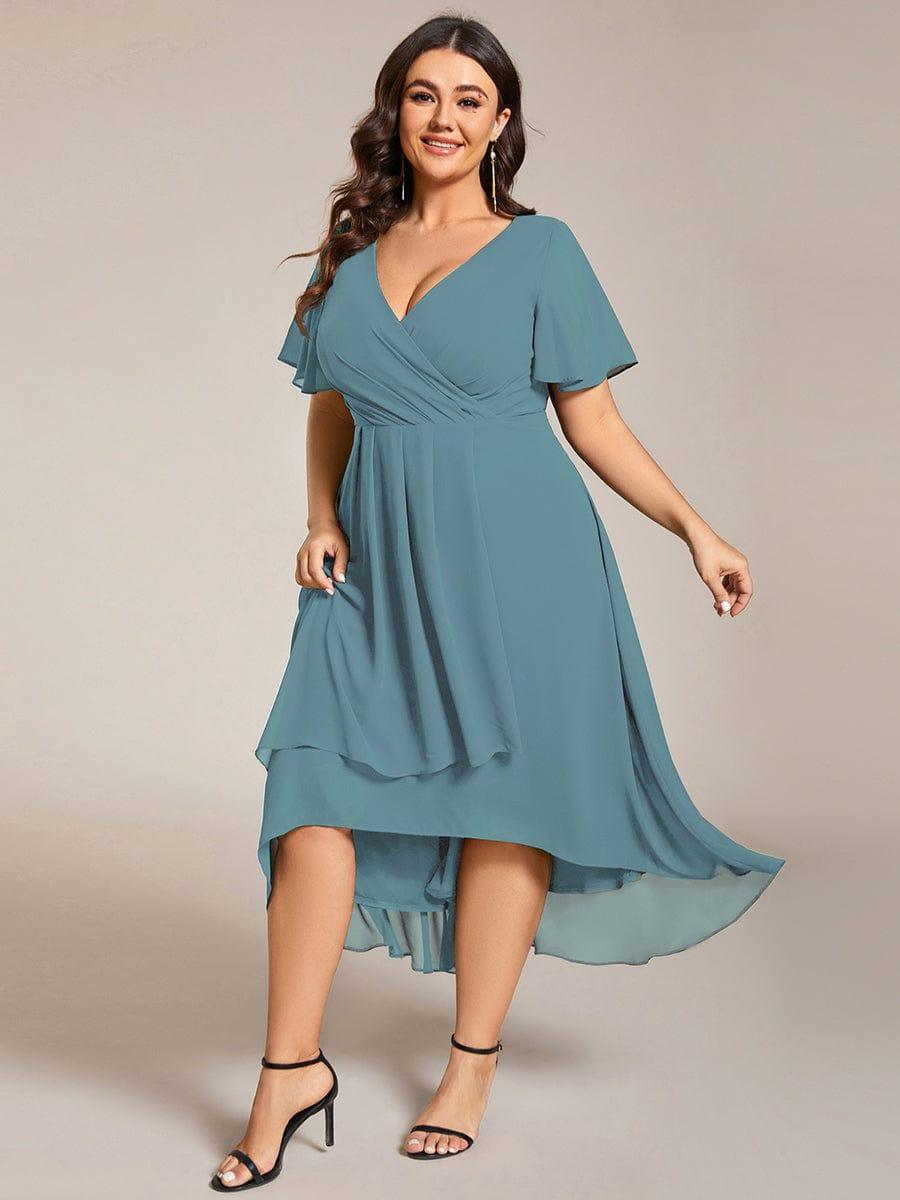Plus Size Chiffon Short Sleeves Pleated V-Neck A-Line Midi Wedding Guest Dress #color_Light Teal