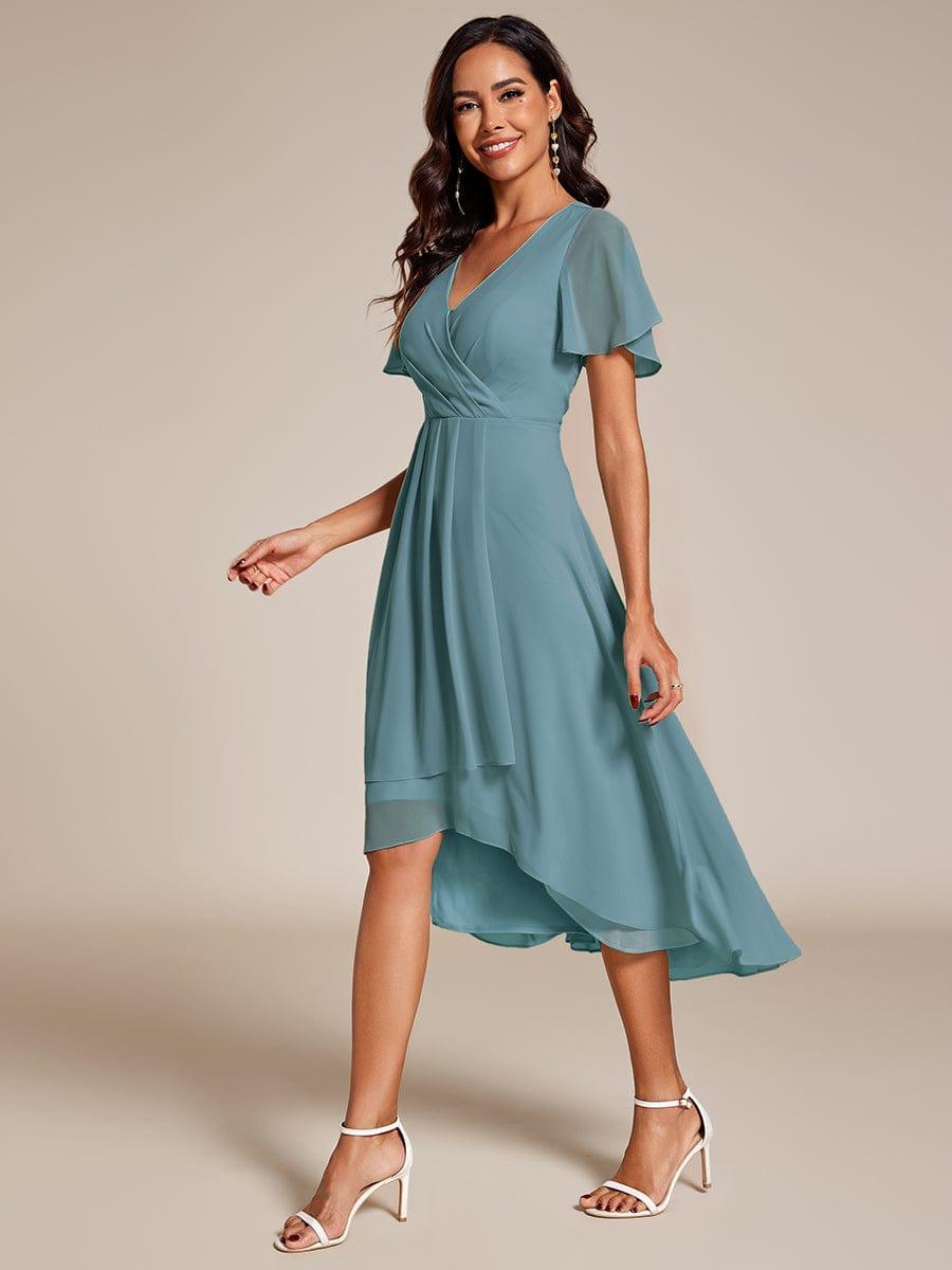 Ruffles Sleeve Pleated V-Neck A-Line Midi Chiffon Wedding Guest Dress #color_Light Teal
