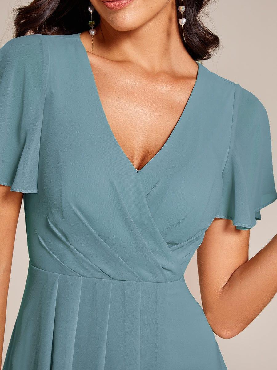 Ruffles Sleeve Pleated V-Neck A-Line Midi Chiffon Wedding Guest Dress #color_Light Teal