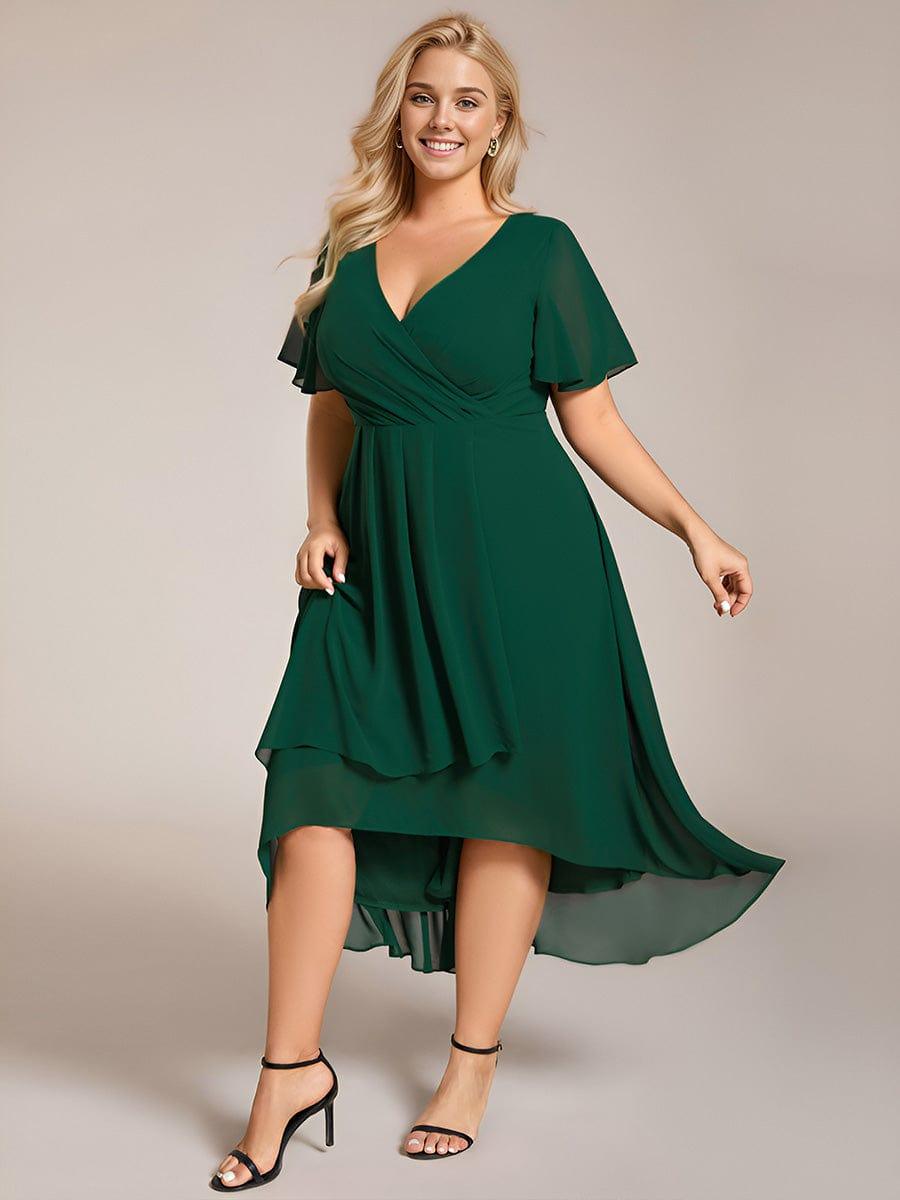 Plus Size Chiffon Short Sleeves Pleated V-Neck A-Line Midi Wedding Guest Dress #color_Dark Green