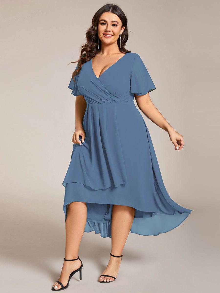 Plus Size Chiffon Short Sleeves Pleated V-Neck A-Line Midi Wedding Guest Dress #color_Dusty Blue
