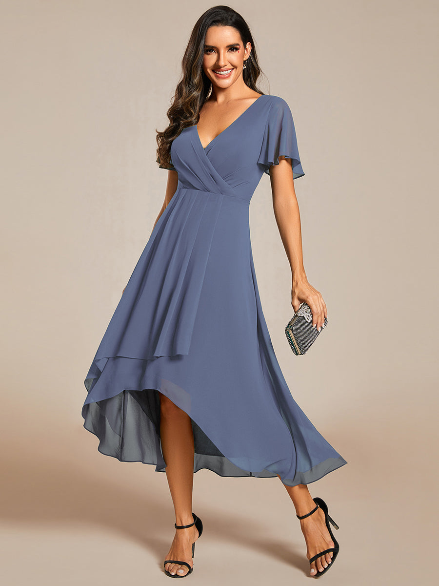 Elegant Pleated Chiffon Midi Dress with Ruffled Sleeves