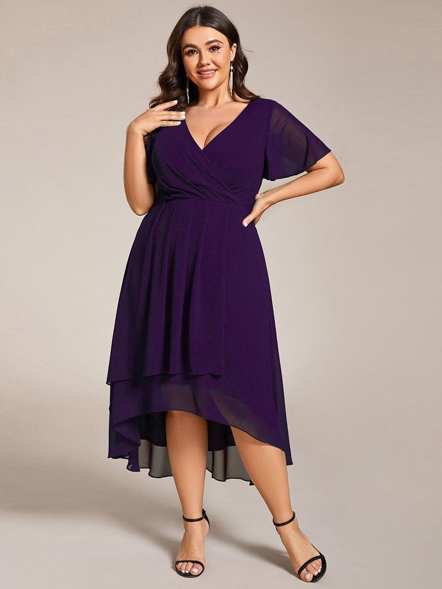 Plus Size Chiffon Short Sleeves Pleated V-Neck A-Line Midi Wedding Guest Dress #color_Dark Purple