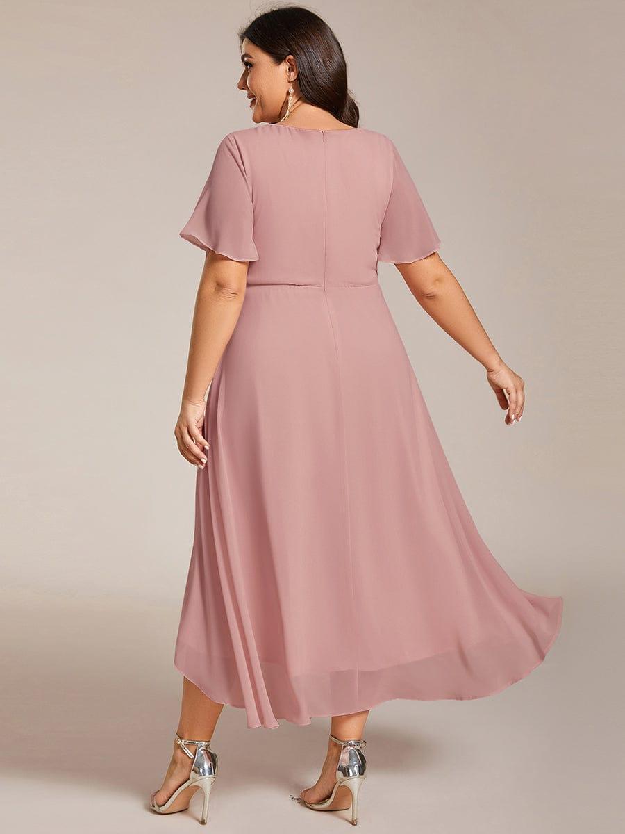 Plus Size Chiffon Short Sleeves Pleated V-Neck A-Line Midi Wedding Guest Dress #color_Dusty Rose