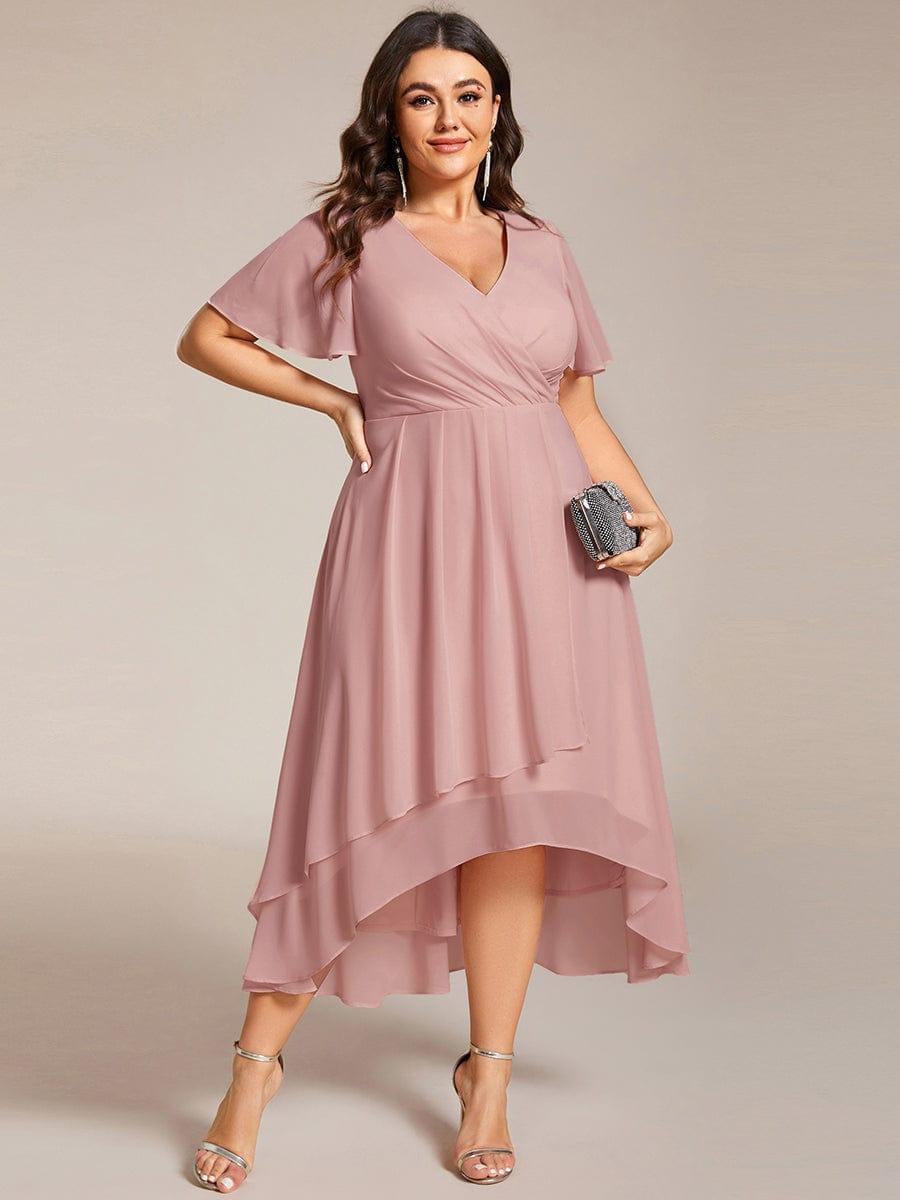 Plus Size Chiffon Short Sleeves Pleated V-Neck A-Line Midi Wedding Guest Dress #color_Dusty Rose