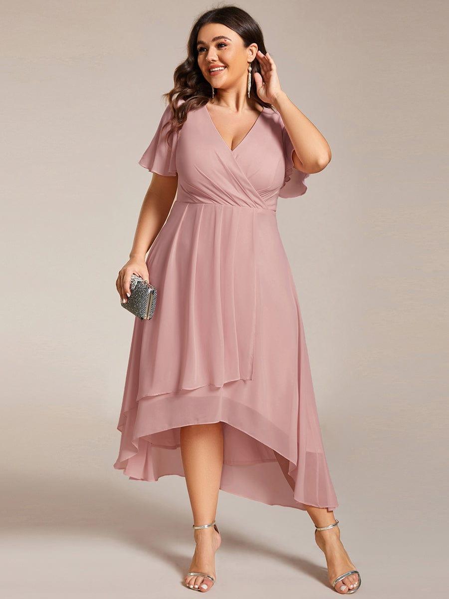 Plus Size Chiffon Short Sleeves Pleated V-Neck A-Line Midi Wedding Guest Dress #color_Dusty Rose