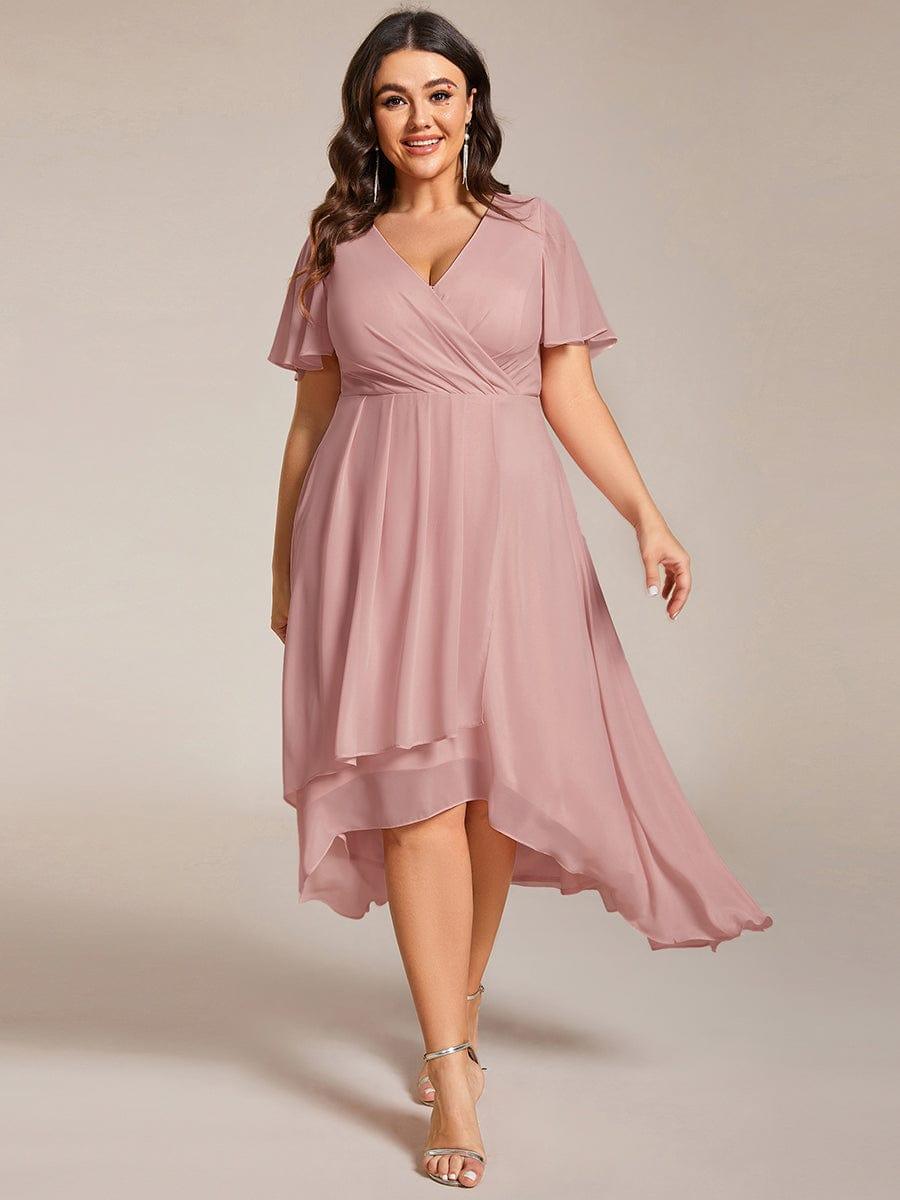 Plus Size Chiffon Short Sleeves Pleated V-Neck A-Line Midi Wedding Guest Dress #color_Dusty Rose