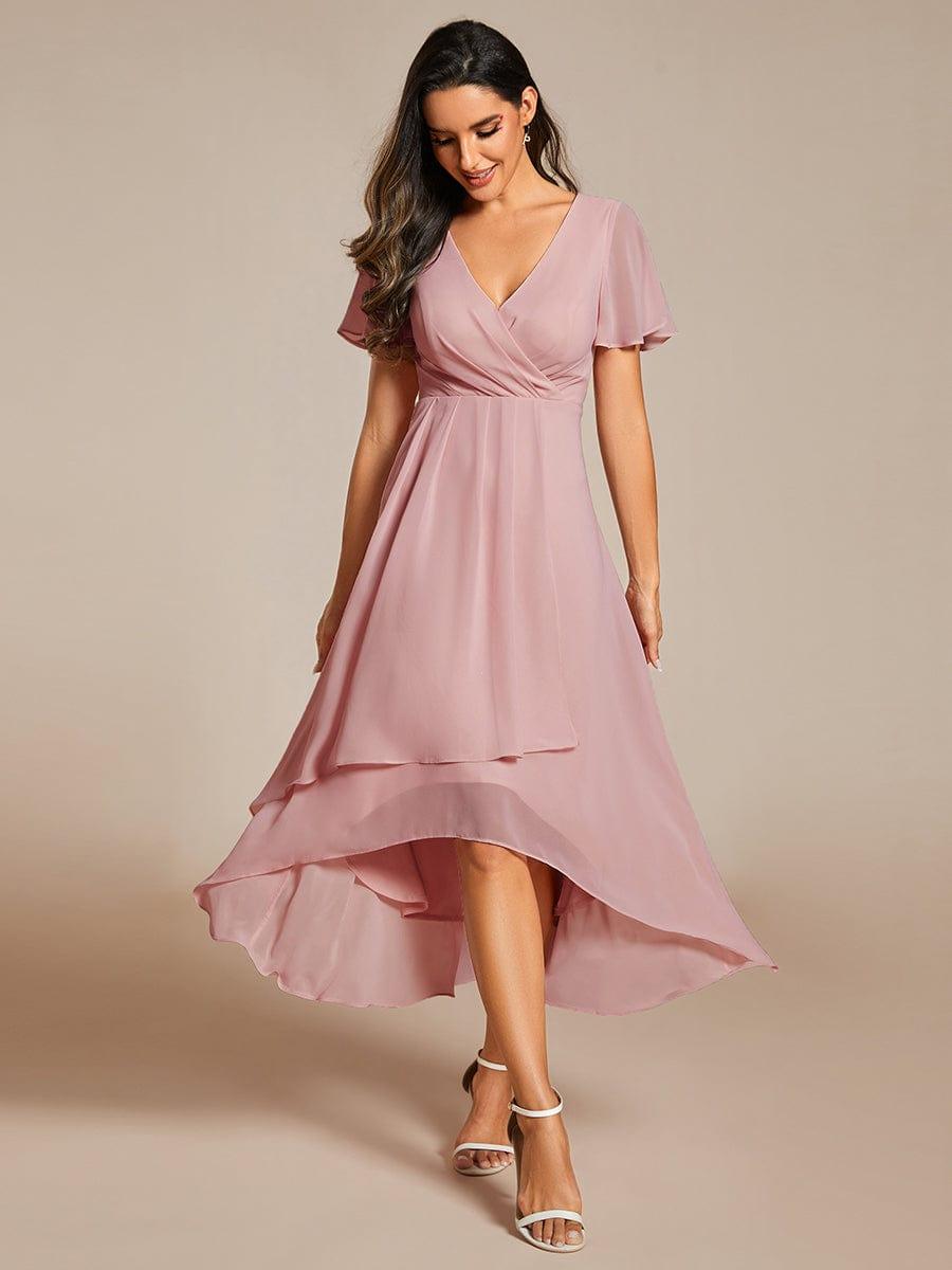 Ruffles Sleeve Pleated V-Neck A-Line Midi Chiffon Wedding Guest Dress #color_Dusty Rose