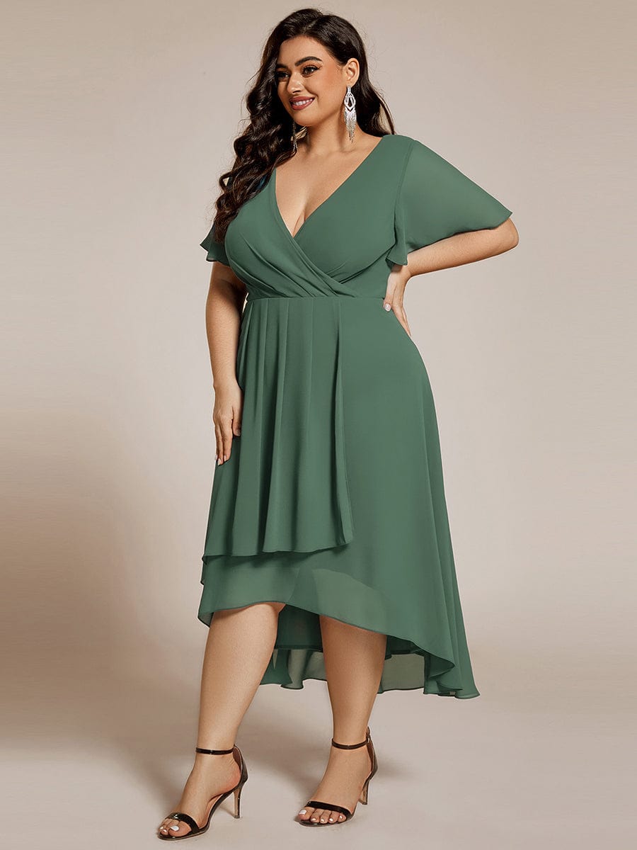 Plus Size Chiffon Short Sleeves Pleated V-Neck A-Line Midi Wedding Guest Dress #color_Eucalyptus