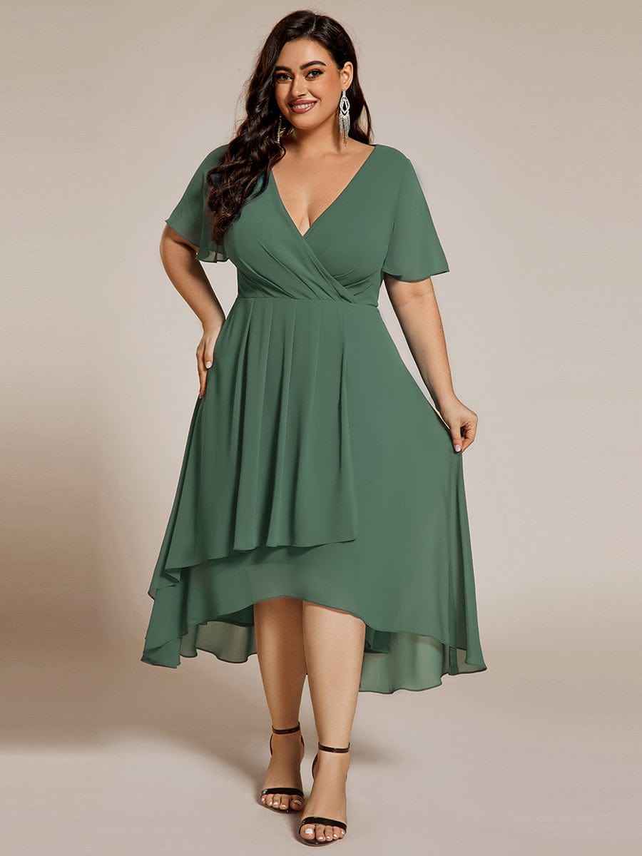Plus Size Chiffon Short Sleeves Pleated V-Neck A-Line Midi Wedding Guest Dress #color_Eucalyptus