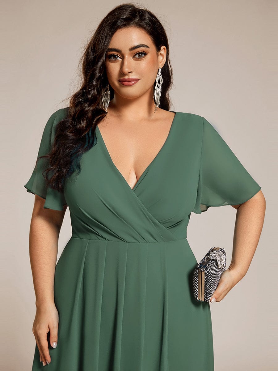 Plus Size Chiffon Short Sleeves Pleated V-Neck A-Line Midi Wedding Guest Dress #color_Eucalyptus