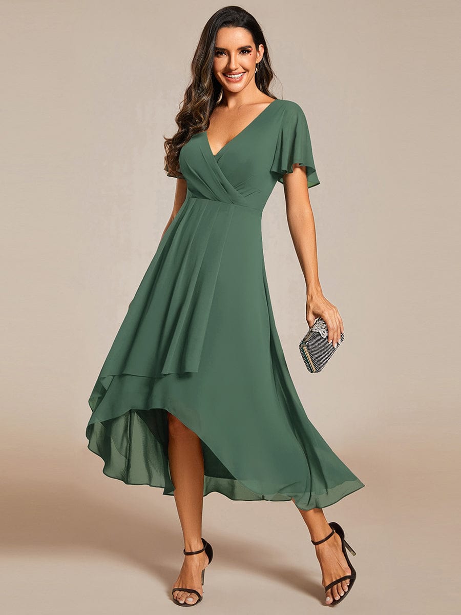 Ruffles Sleeve Pleated V-Neck A-Line Midi Chiffon Wedding Guest Dress #color_Eucalyptus