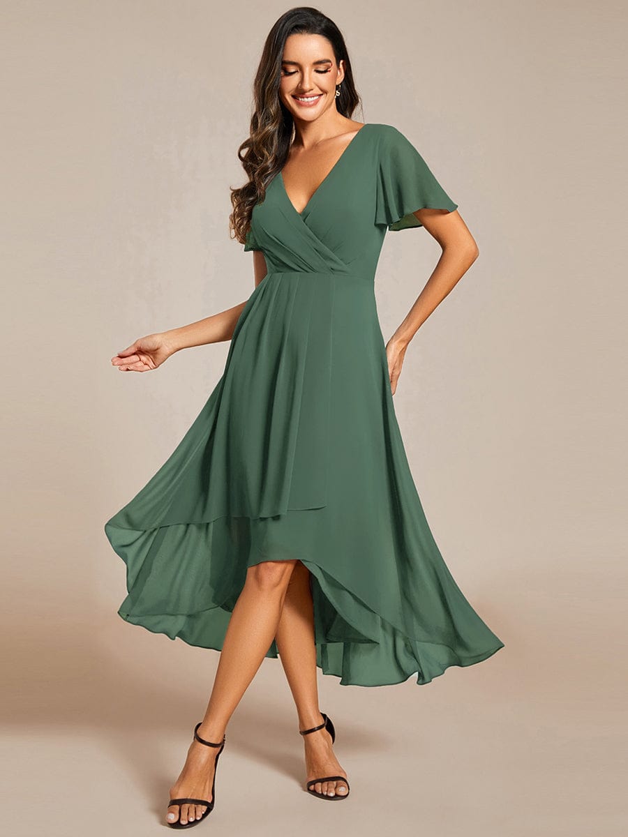 Ruffles Sleeve Pleated V-Neck A-Line Midi Chiffon Wedding Guest Dress #color_Eucalyptus