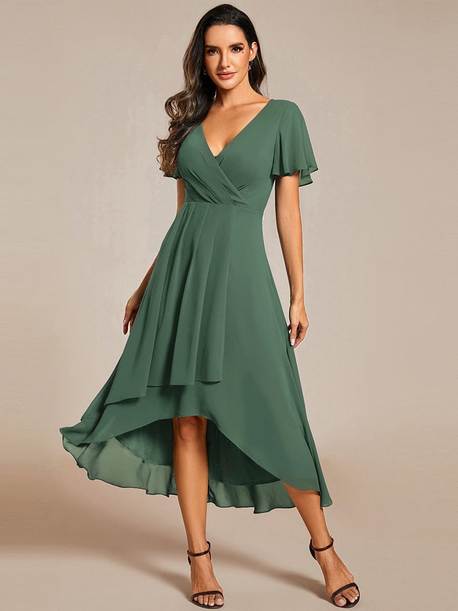 Pleated Chiffon Ruffles Sleeve Midi Bridesmaid Dress #color_Eucalyptus