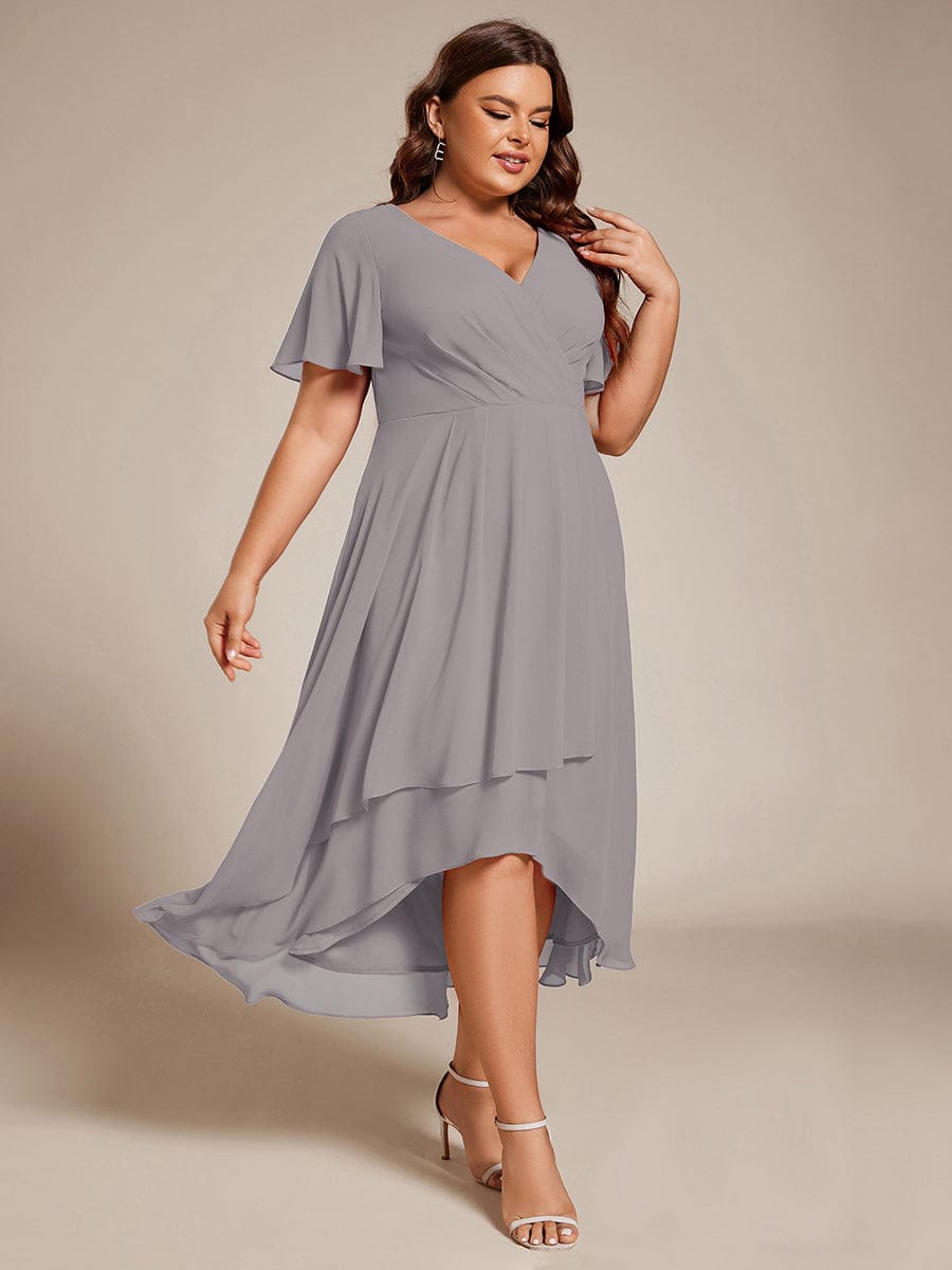 Flowy Ruffles Sleeve V-Neck A-Line Midi Chiffon Wedding Guest Dress #color_Grey