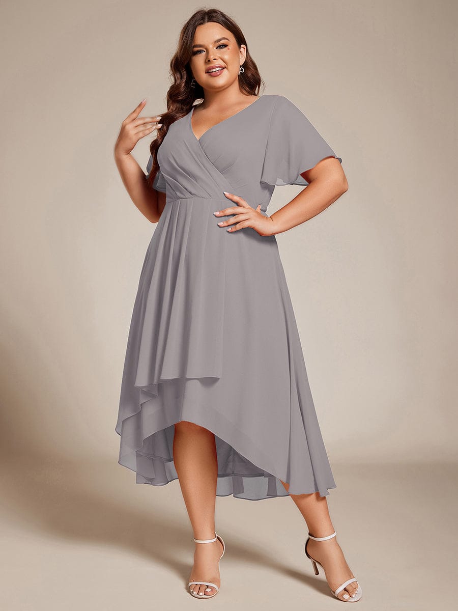 Flowy Ruffles Sleeve V-Neck A-Line Midi Chiffon Wedding Guest Dress #color_Grey