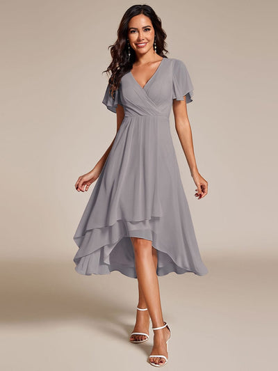 Flowy Ruffles Sleeve V-Neck A-Line Midi Chiffon Wedding Guest Dress #color_Grey