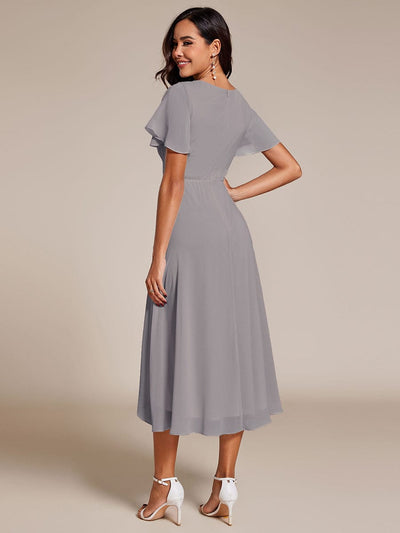 Flowy Ruffles Sleeve V-Neck A-Line Midi Chiffon Wedding Guest Dress #color_Grey