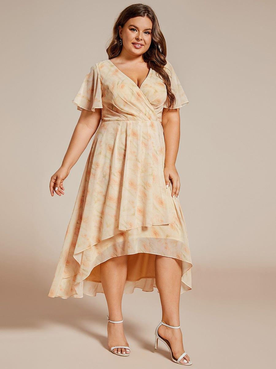 Plus Size Chiffon Short Sleeves Pleated V-Neck A-Line Midi Wedding Guest Dress #color_Golden Roses