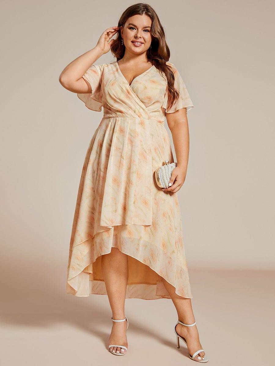 Plus Size Chiffon Short Sleeves Pleated V-Neck A-Line Midi Wedding Guest Dress #color_Golden Roses